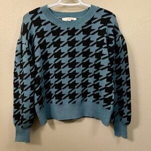 LOFT Cropped Oversized Houndstooth Sweater Teal Black Cozy Warm Homey‎ Size XS